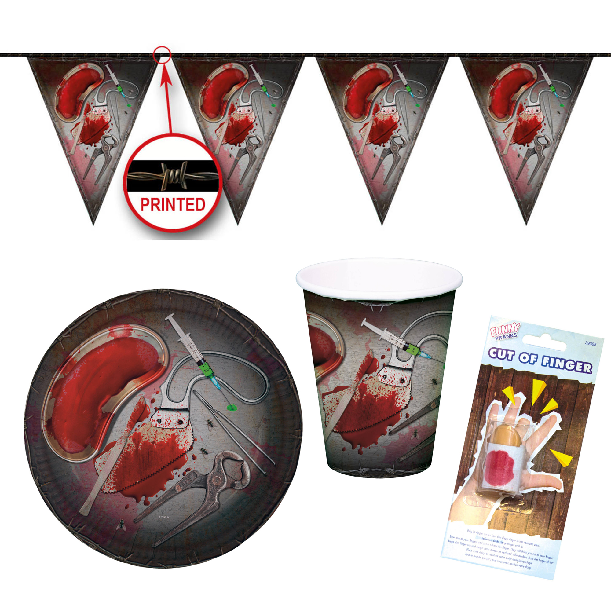 18-teiliges Bloody Halloween Party-Set inkl. Pappteller, Pappbecher und Scherzartikel Abgeschnittener Finger