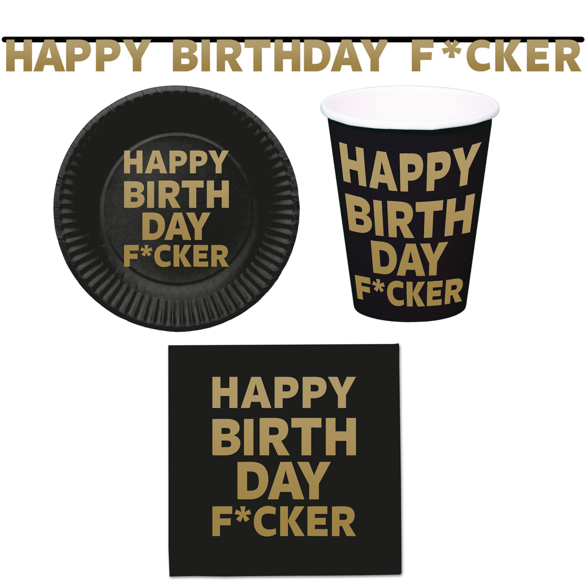37-teiliges Happy Birthday F*cker Party-Set inkl. Pappteller, Pappbecher, Servietten und Girlande