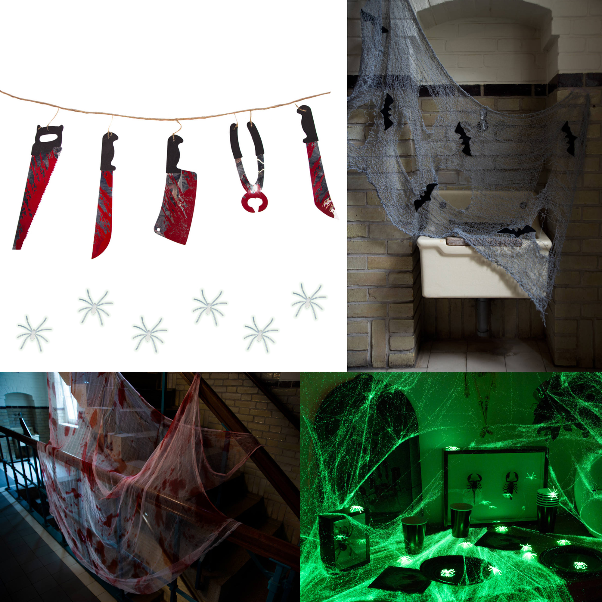 Halloween Dekoration Set inkl Blutiges Tuch, Netzstoff Fledermäuse, Spinnennetz, blutiges Werkzeug Girlande und Spinnen