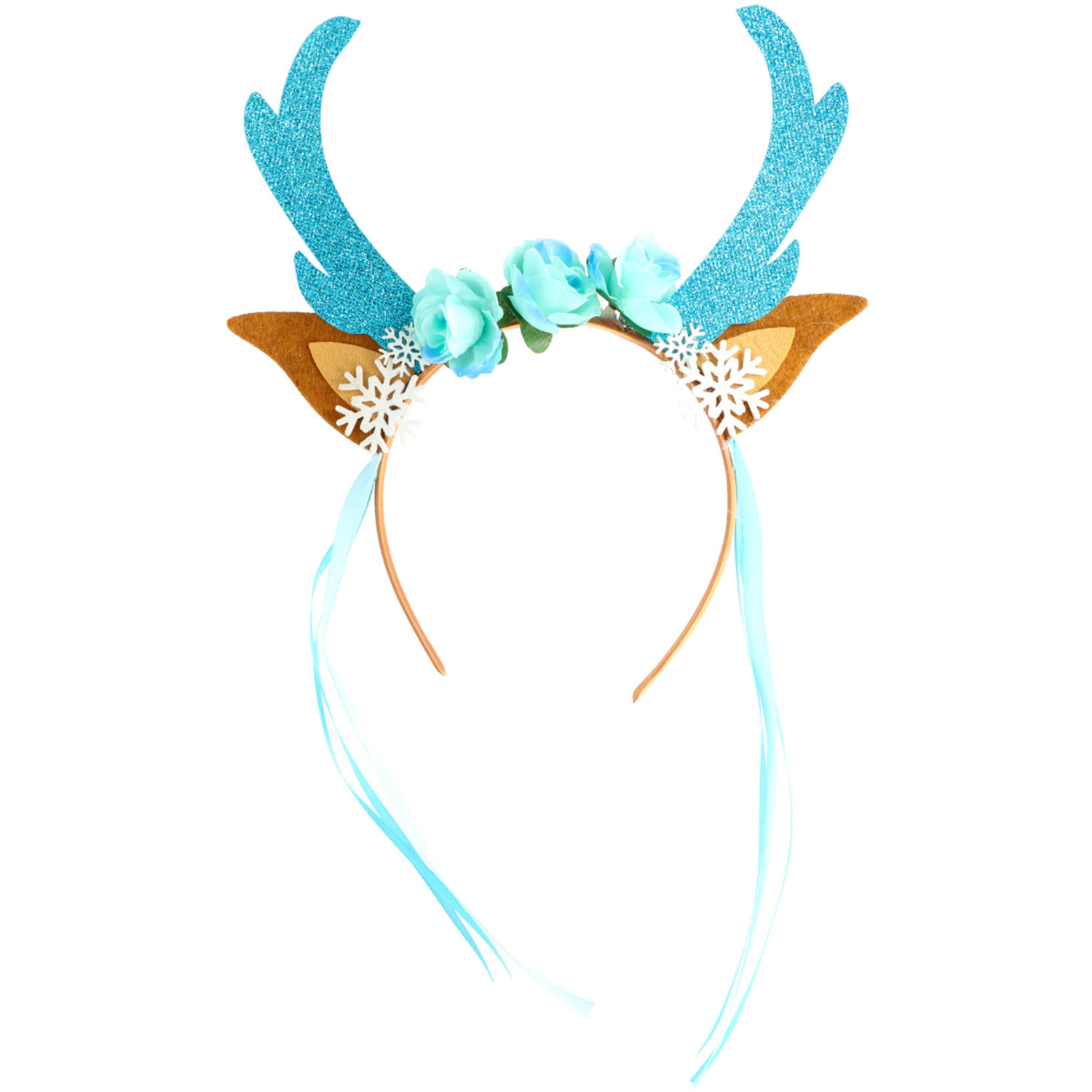 Rentier Geweih auf Haarreif mit Blumen und Schneeflocken Blau