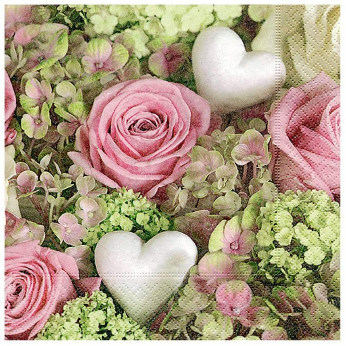 Weiße Herzen in Rosen Motivservietten 33x33cm 20 Stück
