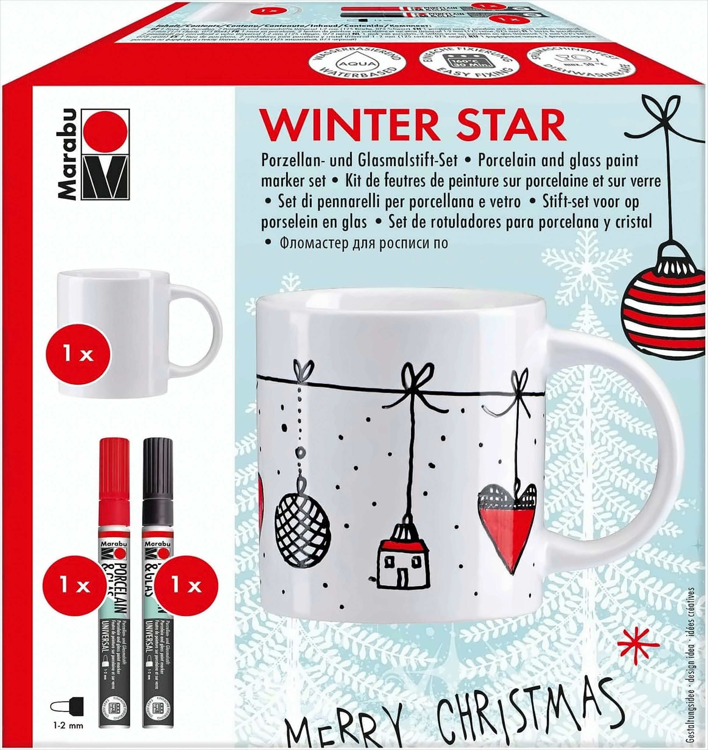 Tassenset Winter Star, 1 Porzellantasse und 2 Glasmalstifte