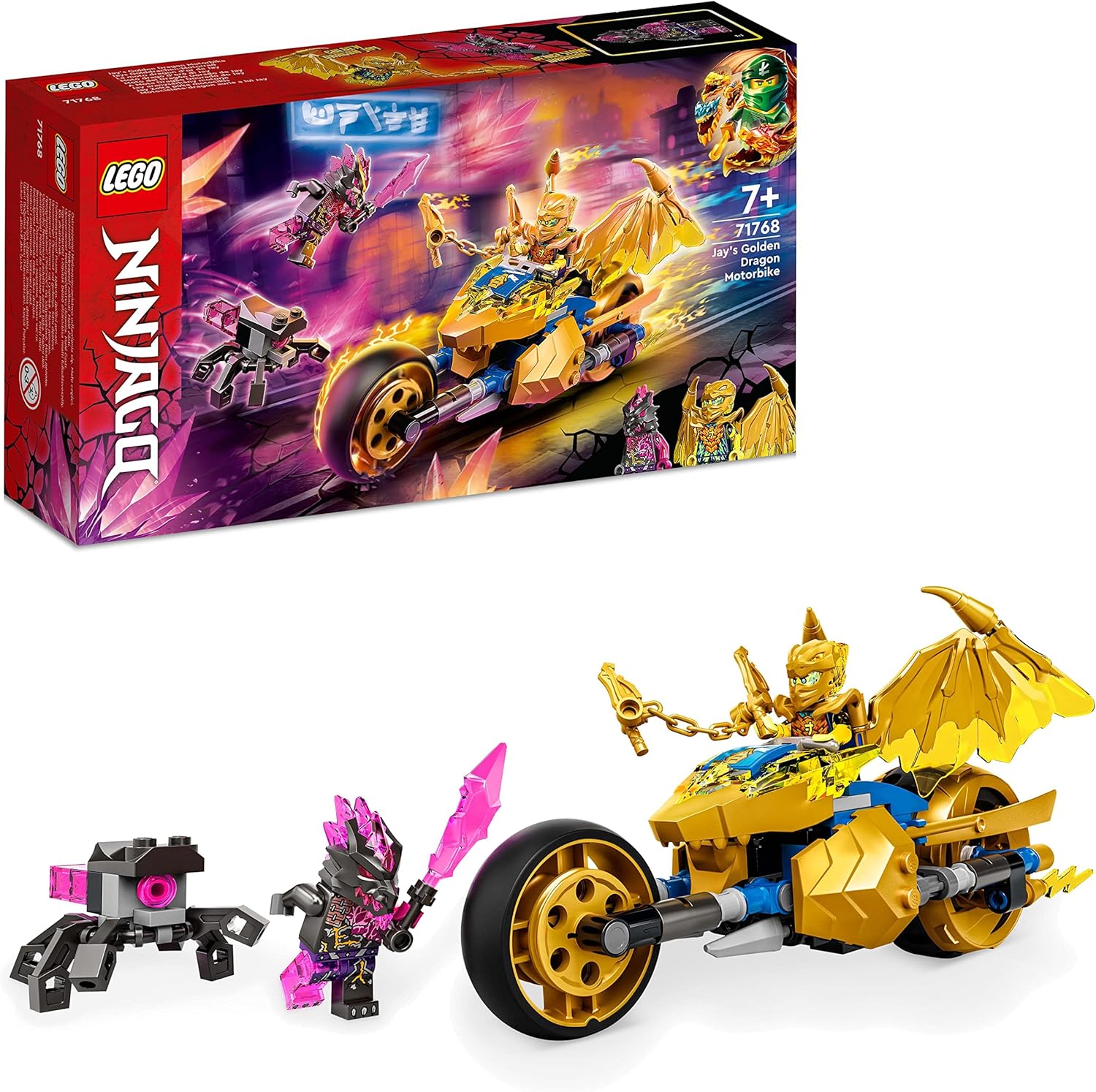 LEGO 71768 NINJAGO Jays Golddrachen-Motorrad, Set mit Jay-Minifigur und Drachen- und Schlangen-Figuren