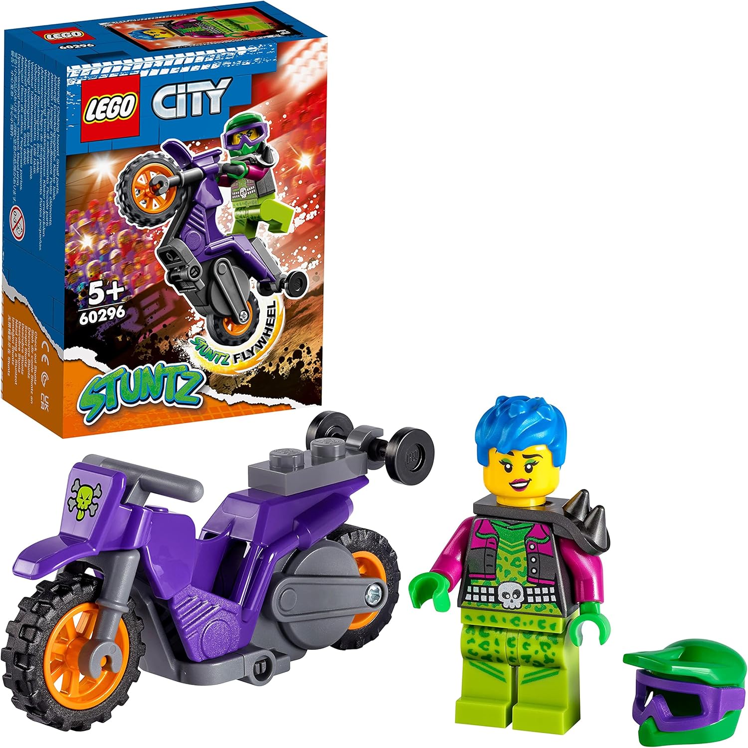 LEGO 60296 City Stuntz Wheelie-Stuntbike Set mit Schwungradantrieb, Motorrad und Stuntwoman-Minifigur