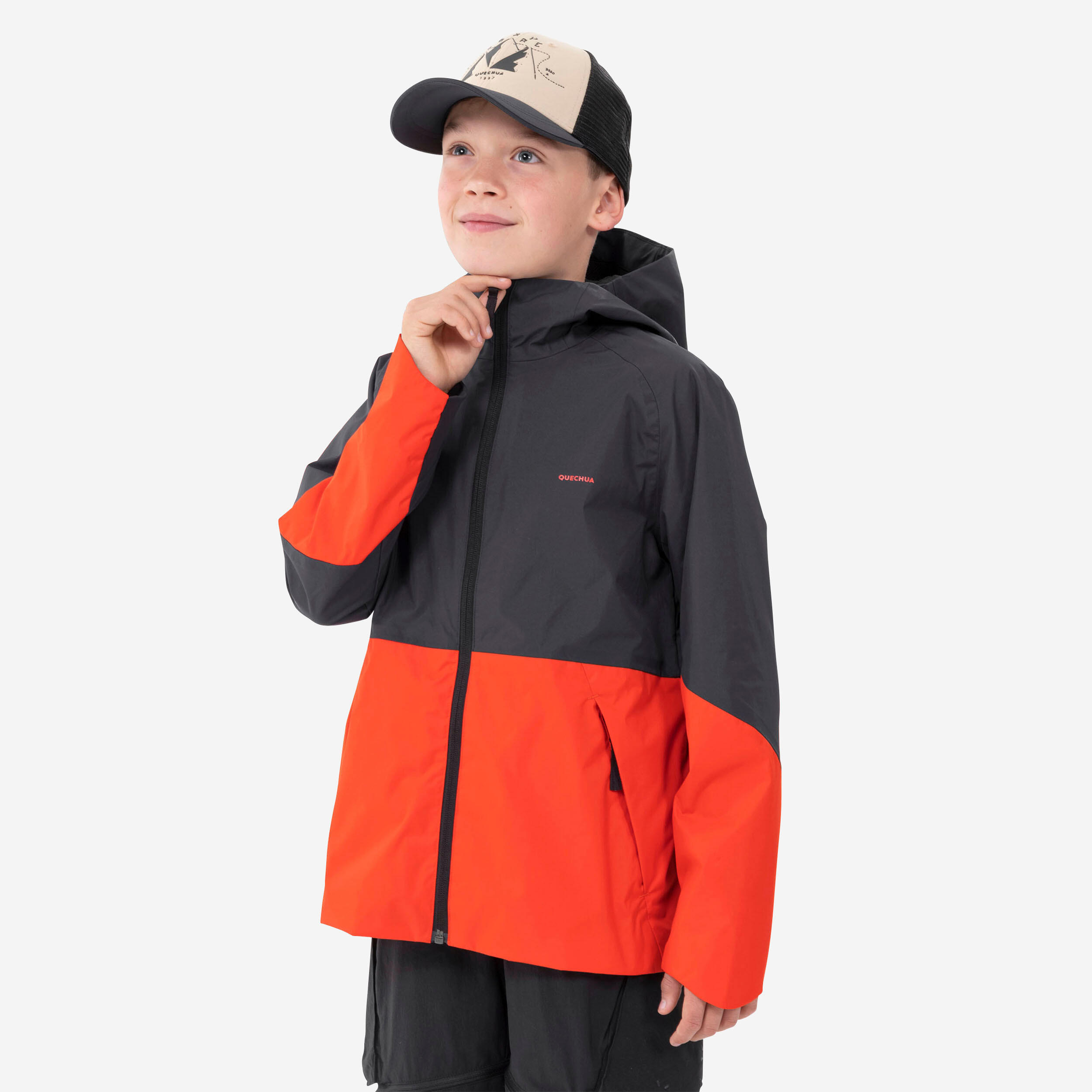 Regenjacke MH500 Kinder wasserdicht Gr. 122–170 grau/rot