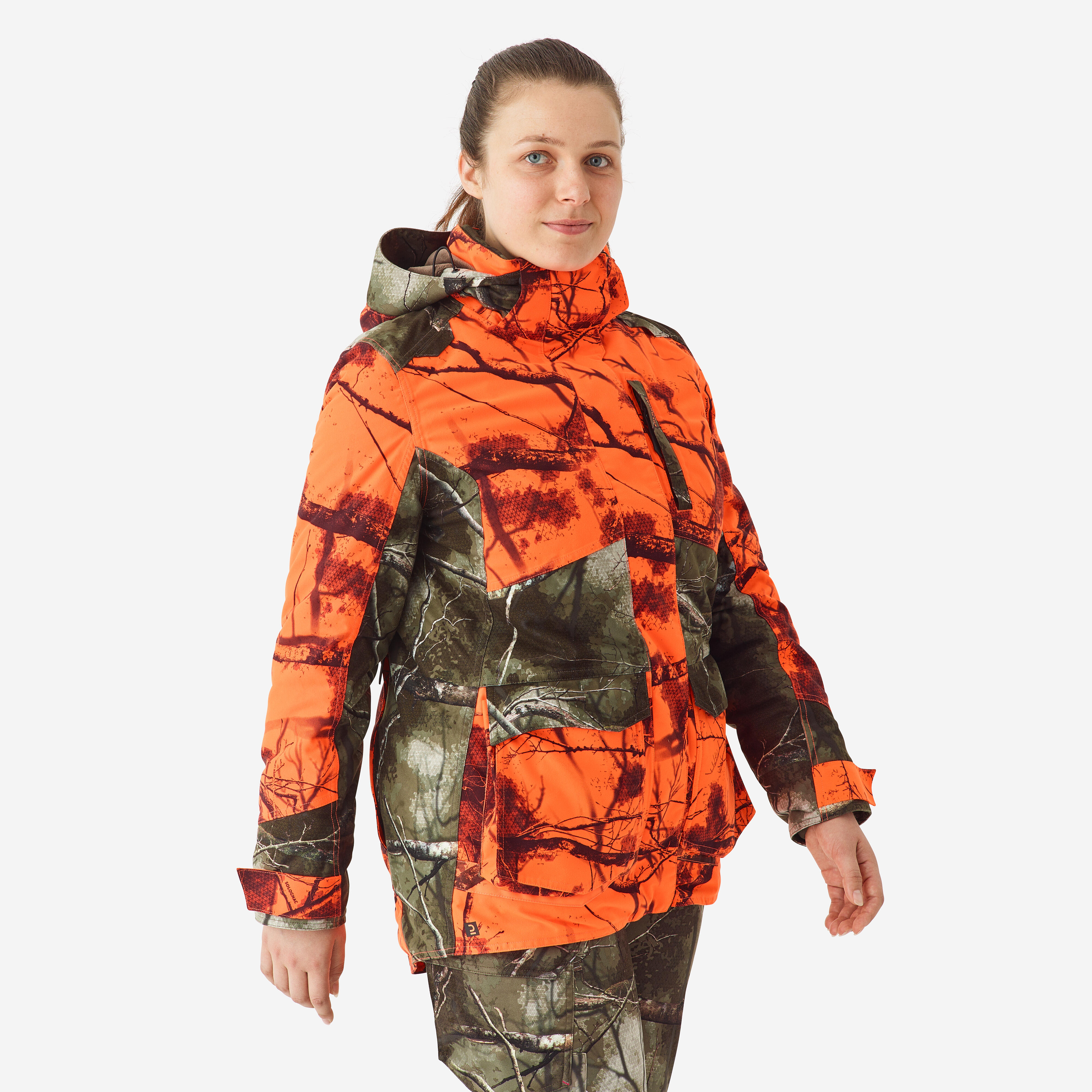 Jagdjacke Regenjacke 500 3-in-1 Damen warm geräuscharm camouflage/orange