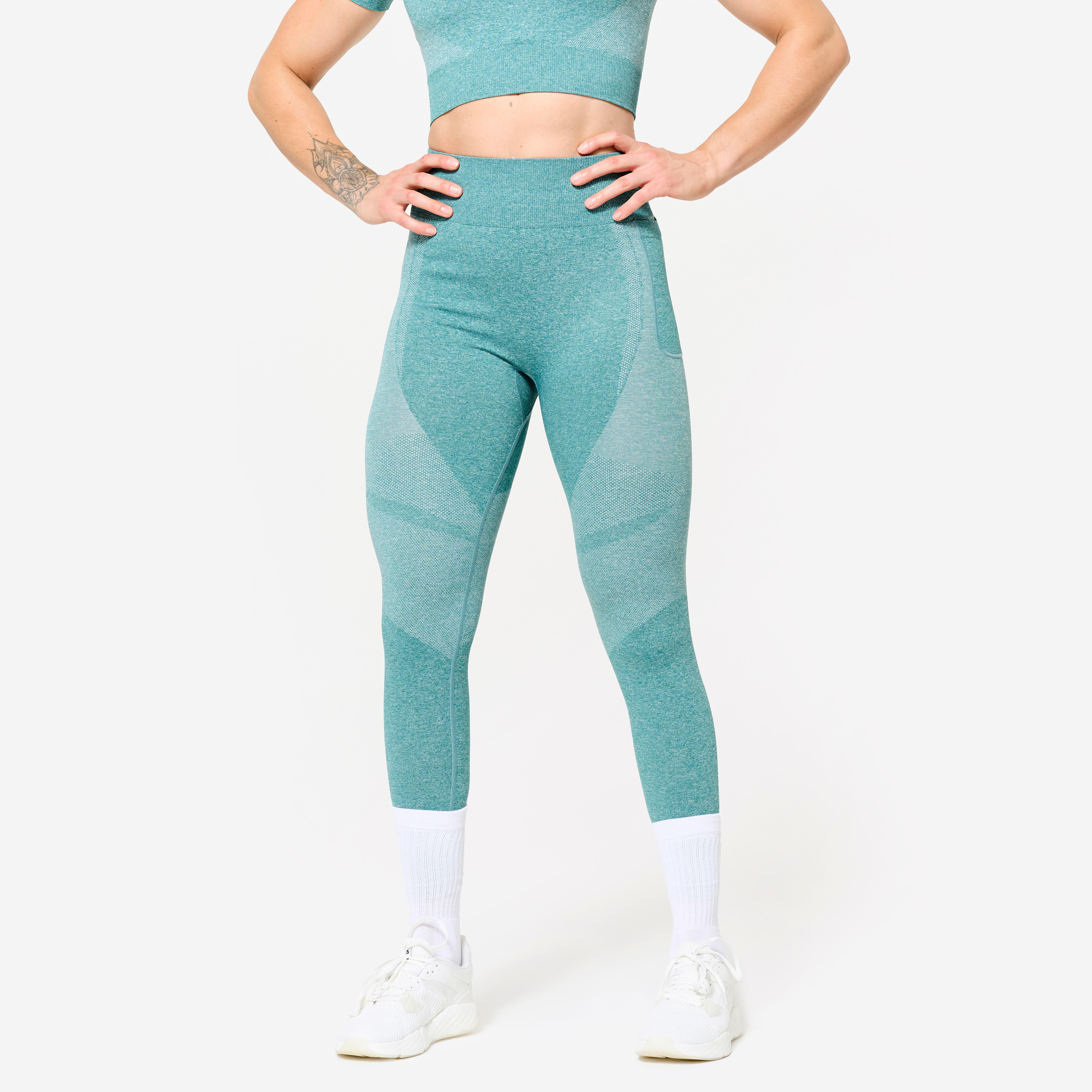 Leggings mit hoher Taille und Smartphonetasche Fitness seamless Damen  - türkis