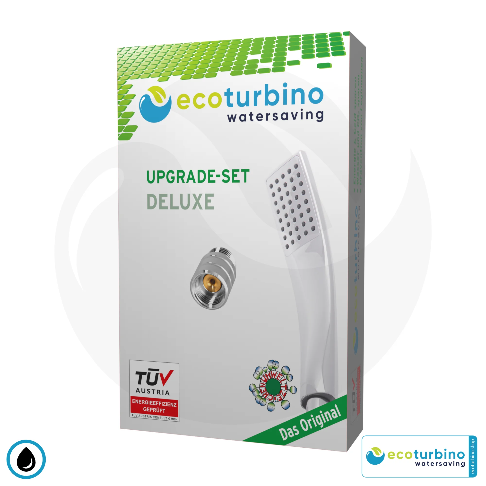 Wassersparender Duschkopf UPGRADE DELUXE SET 10 Legio | ET10L Adapter + Designer Handbrause | ecoturbino® Silber (verchromt)