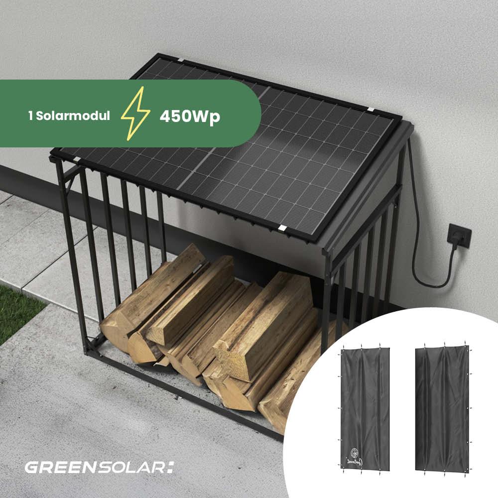 Kaminholzregal mit Balkonkraftwerk 450 Wp inkl. Plane