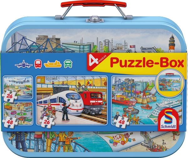 Puzzle Box Schmidt Spiele Verkehrsmittel im Metallkoffer 2x26, 2x48 Teile