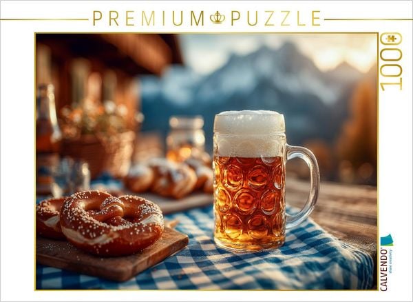 CALVENDO Puzzle Bier mit Brezn - Männer-Mai wie er sein soll | 1000 Teile Lege-Größe 64x48cm Foto-Puzzle für glückliche Stunden