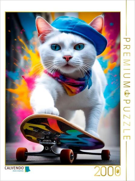 CALVENDO Puzzle Katze beim Outdoorsport - Skateboard fahren | 2000 Teile Lege-Größe 90x67cm Foto-Puzzle für glückliche Stunden