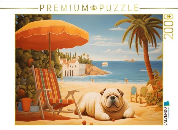CALVENDO Puzzle Hund liegt am Strand und sonnt sich am Meer | 2000 Teile Lege-Größe 90x67cm Foto-Puzzle für glückliche Stunden