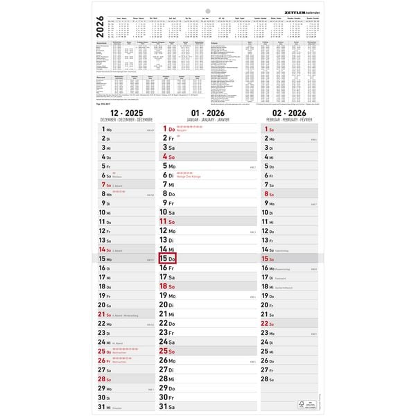 3-Monatskalender Streifenplaner 2026 - Büro-Kalender 33x58,8 cm (geöffnet) - mit Datumsschieber - Zettler - 955-0011