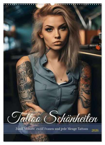 Tattoo Schönheiten - zwölf Monate, zwölf Frauen und jede Menge Tattoos (Wandkalender 2026 DIN A2 hoch), CALVENDO Monatskalender