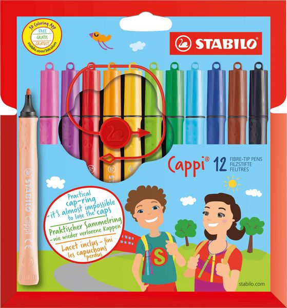 STABILO Filzstift mit Kappenring - Cappi - 12er Pack - mit 12 verschiedenen Farben