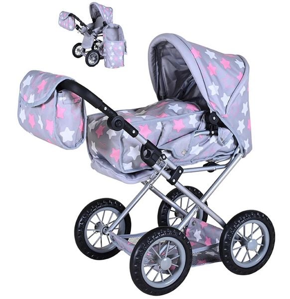Knorrtoys 63144 - Kombi-Puppenwagen Ruby Star Grey Pink, mit Zubehör, umbaubar, Schieberhöhe: 34-62cm