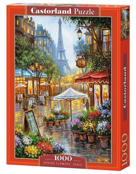 Castorland 1000 Piece Jigsaw Puzzle, Spring Flowers, Paris, France, Colorful Eiffel Tower and Café Puzzle, Adult Puzzle, Castorland C-103669-2