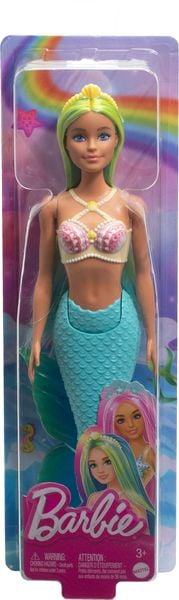Barbie Meerjungfrau-Puppe mit blauen und gelben Strähnchen, türkisfarbener Schwanzflosse und Haarband
