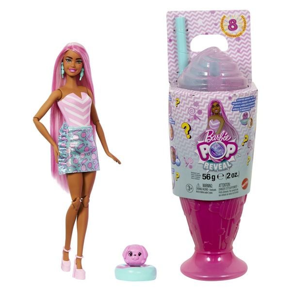 Barbie Pop Reveal Treat-Serie Set aus Puppe und Zubehör, Sweet Swirl Modepuppe mit Haustier