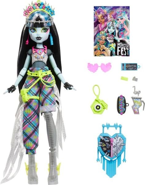 Monster High Monsterfest Frankie Stein Modepuppe mit Festival-Outfit, Bandposter und Zubehör