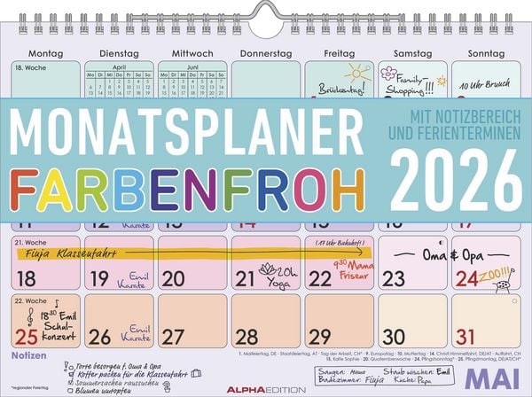 Alpha Edition - Monatsplaner 1M/S Farbenfroh 2026 – DIN A4 Wandkalender mit Monatsübersicht & Wochenzählung – praktischer Büro- und Familienplaner