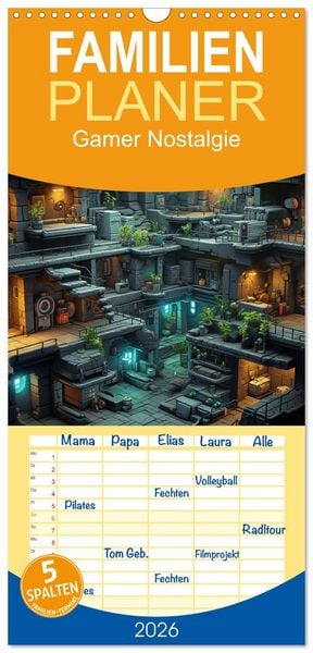 Familienplaner 2026 - Gamer Nostalgie mit 5 Spalten (Wandkalender, 21 x 45 cm) CALVENDO