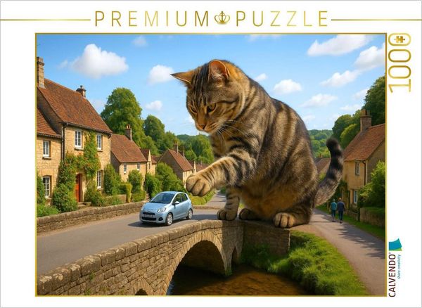 CALVENDO Puzzle Riesige Katze spielt mit einem Auto auf der Brücke | 1000 Teile Lege-Größe 64x48cm Foto-Puzzle für glückliche Stunden