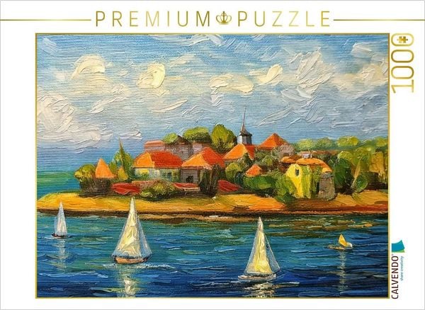 CALVENDO Puzzle Dorf auf einer Halbinsel in einem großen See | 1000 Teile Lege-Größe 64x48cm Foto-Puzzle für glückliche Stunden