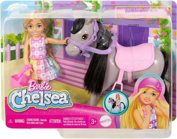 Barbie Chelsea Spielzeugset mit Puppe und Pferd, enthält Helm-Zubehörteil, Puppe kann zum „Reiten“ die Knie anwinkeln, Pony