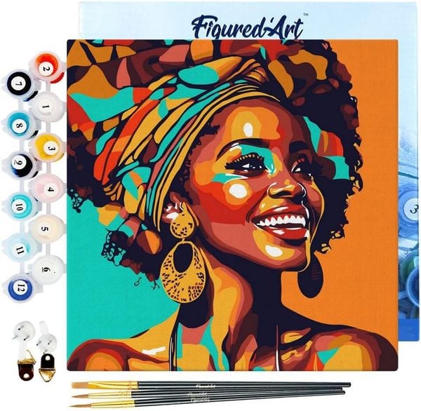 FiguredArt SFA121-Y - Mini Malen nach Zahlen, Afrikanische Königin Pop Art, Leinwand-Keilrahmen 20x20cm, DIY Bastelset, Paint by Numbers