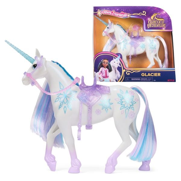 Unicorn Academy Einhorn - 28 cm groß, Original-Einhorn zur beliebten Netflix-Serie, mit echter Mähne und Schweif, abnehmbarem Zaumzeug und Sattel sowie Bürste (sortiert, Zufallsauswahl)