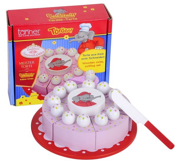 Originale Benjamin Blümchen Torte aus Holz zum Schneiden mit Tortenteller, Messer und Aufleger