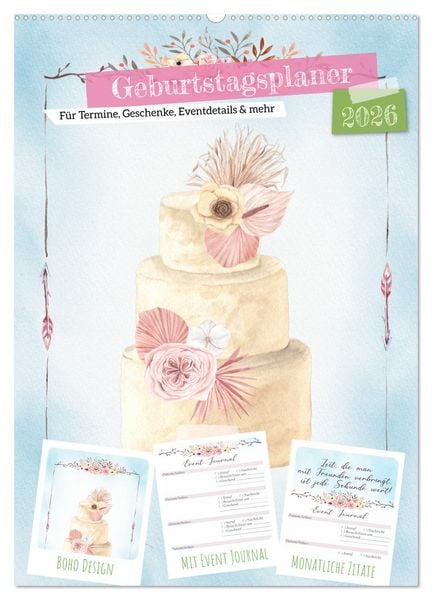 Geburtstagsplaner Boho Blau - Für Termine, Geschenke, Eventdetails & mehr (Wandkalender 2026 DIN A2 hoch), CALVENDO Monatskalender