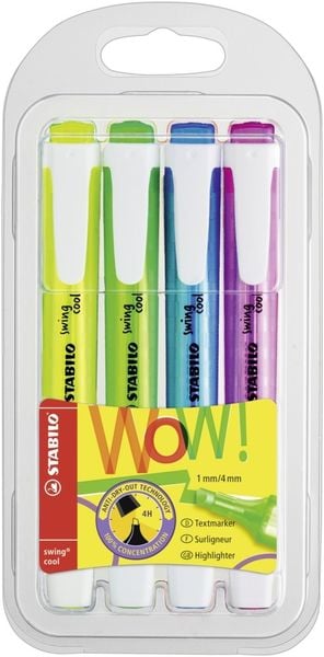 STABILO Textmarker - swing cool - 4er Pack - gelb, grün, blau, pink