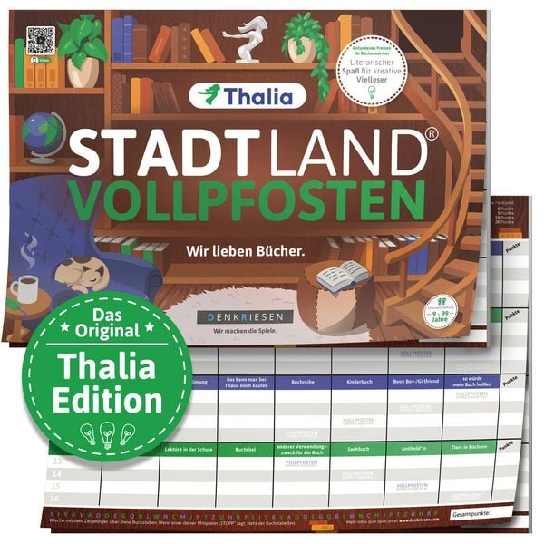 'DENKRIESEN - Stadt Land Vollpfosten® Thalia Edition – ''Wir lieben Bücher.'' ¦ A4 Spielblock'