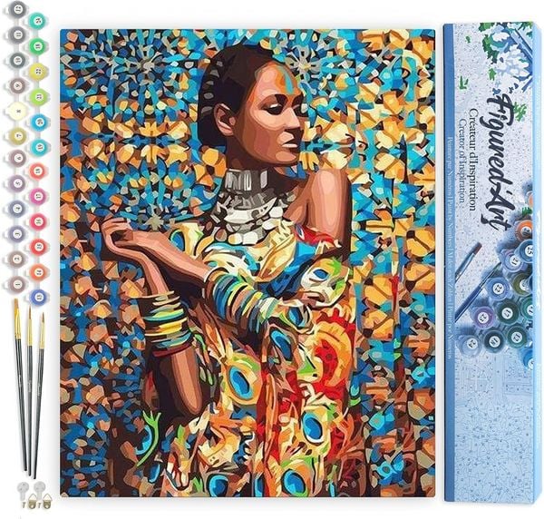 FiguredArt PN1318 - Malen nach Zahlen, Frau in traditioneller Kleidung, Leinwand 40x50cm ohne Rahmen, Malset, Paint by Numbers