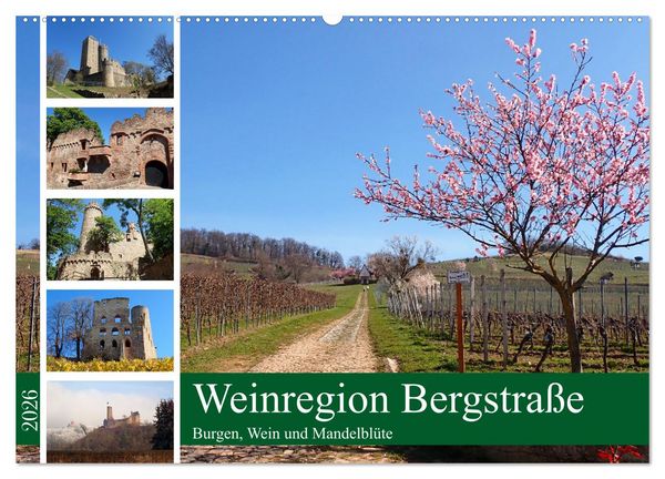 Weinregion Bergstraße Burgen, Wein und Mandelblüte (Wandkalender 2026 DIN A2 quer), CALVENDO Monatskalender