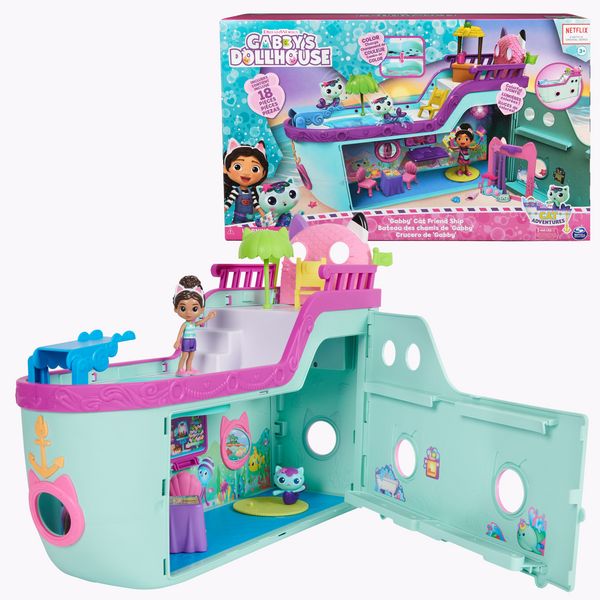 Gabby s Dollhouse, Gabbys Kreuzfahrtschiff, Kreuzfahrtschiff-Spielzeug mit 2 Spielzeugfiguren, Überraschungsspielzeugen und Zubehörteilen