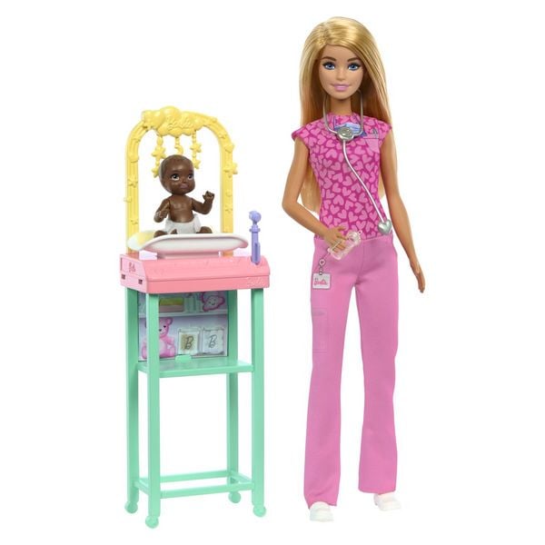 Barbie Kinderärztin-Puppe mit blonder Modepuppe, 1 Baby-Patientenpuppe, Möbel und Zubehör