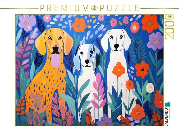 CALVENDO Puzzle Drei Hunde sitzen zwischen Blumen im Garten | 2000 Teile Lege-Größe 90x67cm Foto-Puzzle für glückliche Stunden