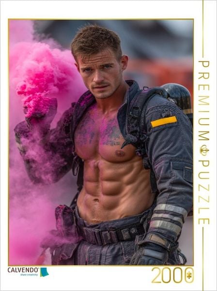 CALVENDO Puzzle Sexy Feuerwehrmann mit Sixpack im pinken Rauch | 2000 Teile Lege-Größe 90x67cm Foto-Puzzle für glückliche Stunden