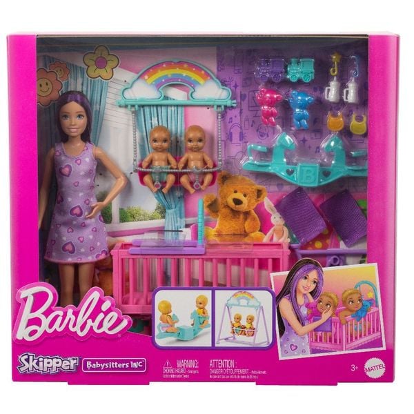Barbie Skipper Babysitter-Puppe mit Zwillings-Kinderzimmer-Spielset und Zubehör