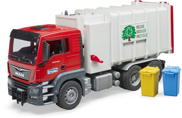 bruder 03761 MAN TGS Seitenlader Müll-LKW und 2 Mülltonnen