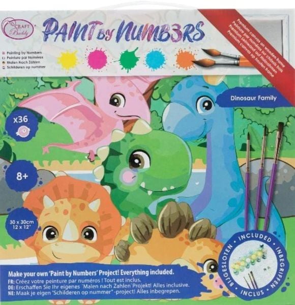 Craft Buddy PBN-3030-019 - Paint by Numbers, Dinosaur Family, 30x30cm, Malen-nach-Zahlen Kids