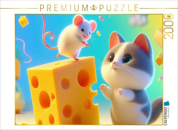 CALVENDO Puzzle Katz und Maus teilen sich ein großzügiges Stück Käse, ein seltenes Bild der Harmonie in der Tierwelt | 2000 Teile Lege-Größe 90x67cm F