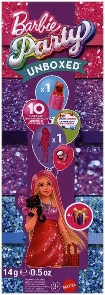 Barbie Party Unboxed Glam Party Serie rote glitzernde Puppe und Accessoires mit 10 Überraschungen