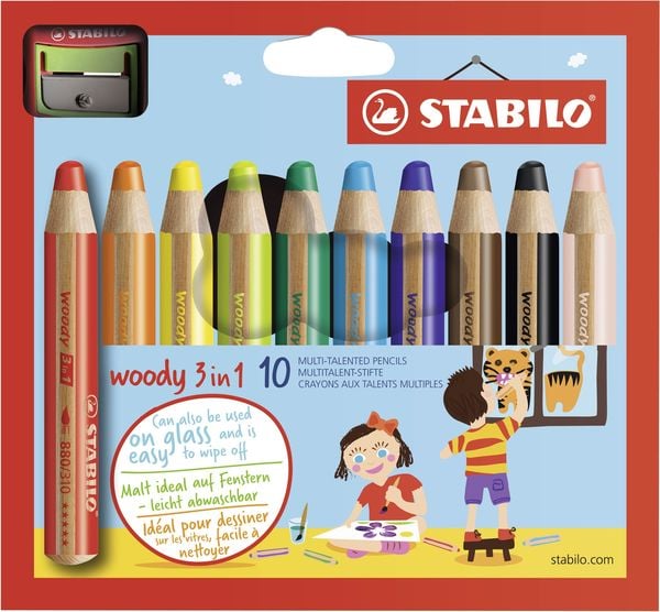 STABILO Buntstift, Wasserfarbe & Wachsmalkreide - woody 3 in 1 - 10er Pack mit Spitzer - mit 10 verschiedenen Farben