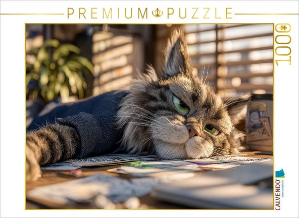 CALVENDO Puzzle Faule Katze im Büro mit genervtem Blick | 1000 Teile Lege-Größe 64x48cm Foto-Puzzle für glückliche Stunden