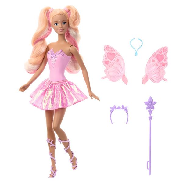 Barbie Fantasy Feenpuppe mit Farbwechsel-Flügeln und -Outfit, Spielzeugzauberstab mit Schwamm und Mode-Accessoires
